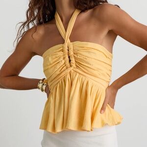 Lulus Kadri Yellow Peplum Halter Top - Size L